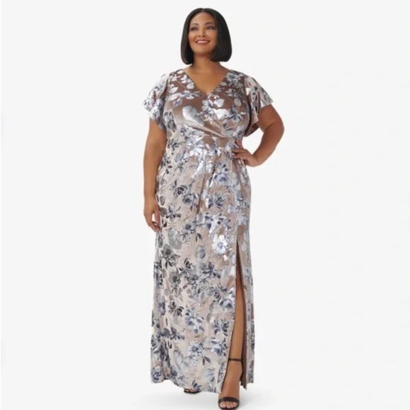 Adrianna Papell Foil Velvet Long Gown in Floral Taupe Silver Plus Size 26W - Picture 1 of 15